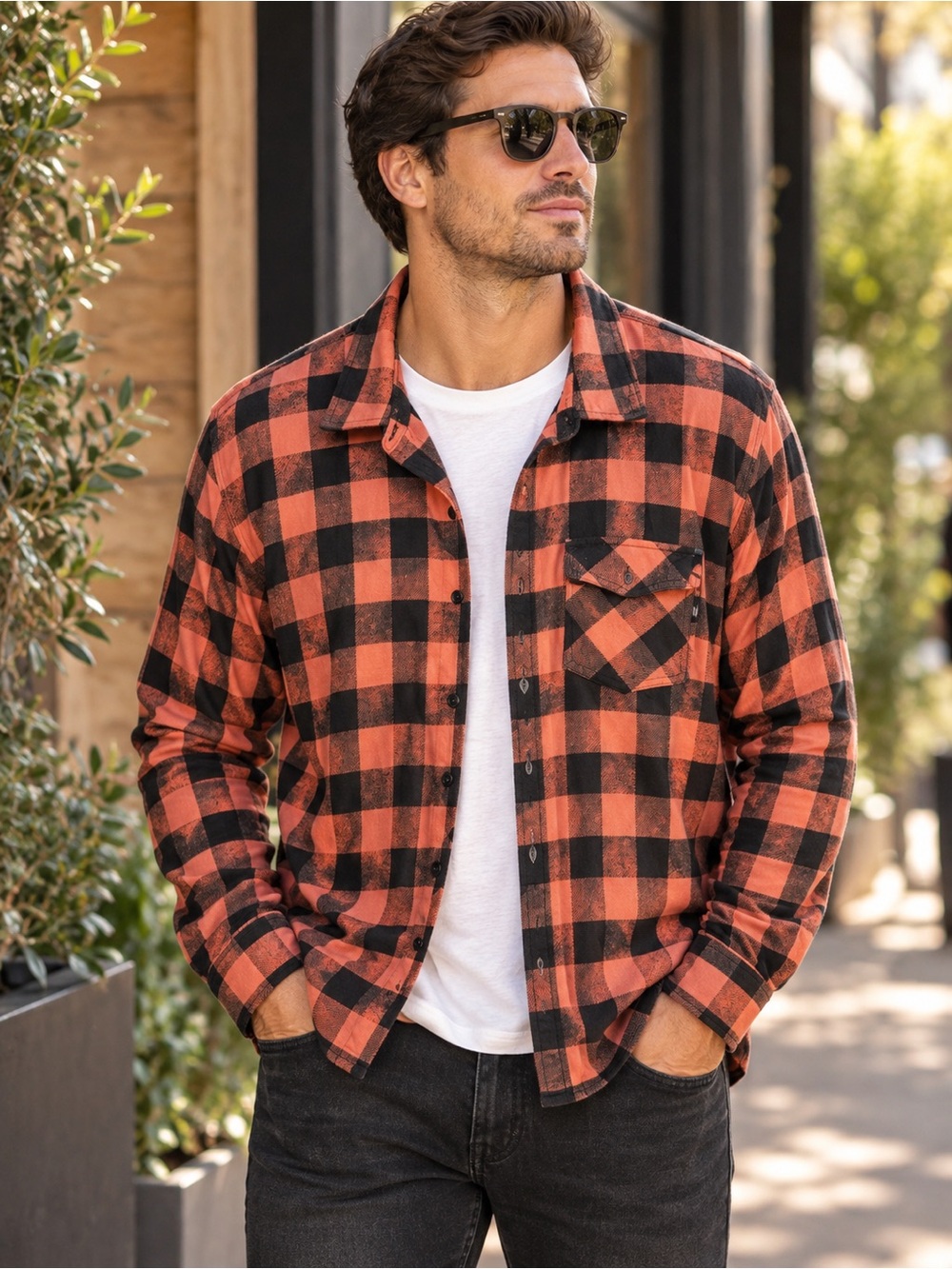 Volcom Orange Black Buffalo Plaid Flannel Shirt M Grunge Skater Y2K #389